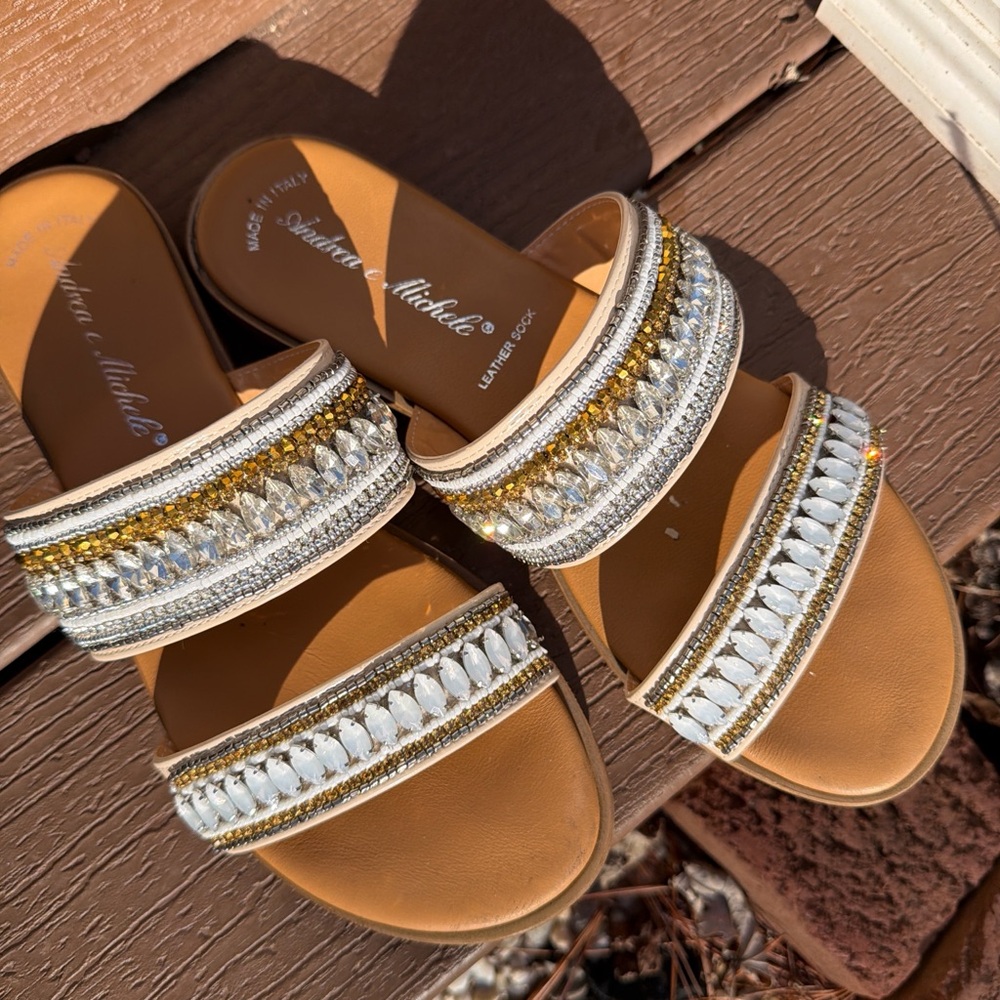 Women's Embellished Sandals - Gold and White
